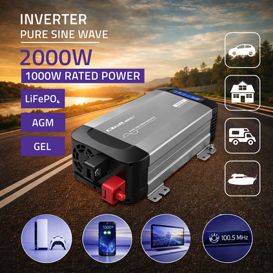 Przetwornica napięcia Pure Sine Wave 1000 / 2000W 12V na 230V LCD USB USB-C kompatybilna z LiFePO4 GEL AGM czysty sinus Qoltec 52689