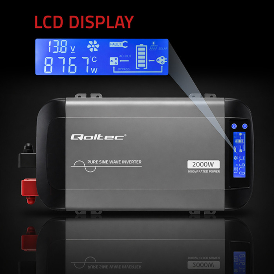 Przetwornica napięcia Pure Sine Wave 1000 / 2000W 12V na 230V LCD USB USB-C kompatybilna z LiFePO4 GEL AGM czysty sinus Qoltec 52689