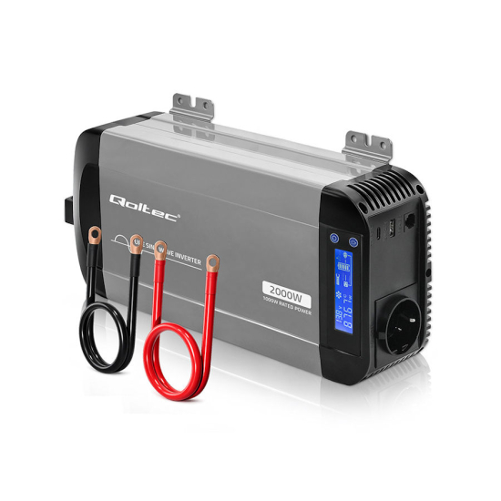 Przetwornica napięcia Pure Sine Wave 1000 / 2000W 12V na 230V LCD USB USB-C kompatybilna z LiFePO4 GEL AGM czysty sinus Qoltec 52689