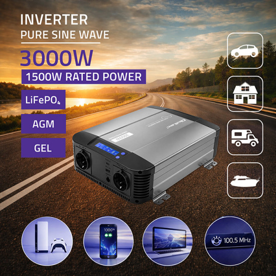 Przetwornica napięcia Pure Sine Wave 1500W / 3000W 12V na 230V LCD USB USB-C kompatybilna z LiFePO4 GEL AGM czysty sinus Qoltec 52690