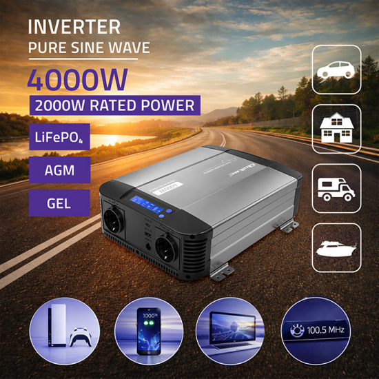 Przetwornica napięcia Pure Sine Wave 2000 / 4000W 12V na 230V LCD USB USB-C kompatybilna z LiFePO4 GEL AGM czysty sinus Qoltec 52691