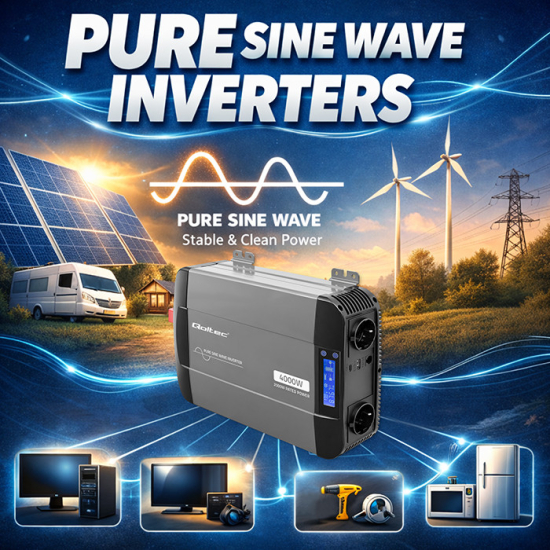 Przetwornica napięcia Pure Sine Wave 2000 / 4000W 12V na 230V LCD USB USB-C kompatybilna z LiFePO4 GEL AGM czysty sinus Qoltec 52691