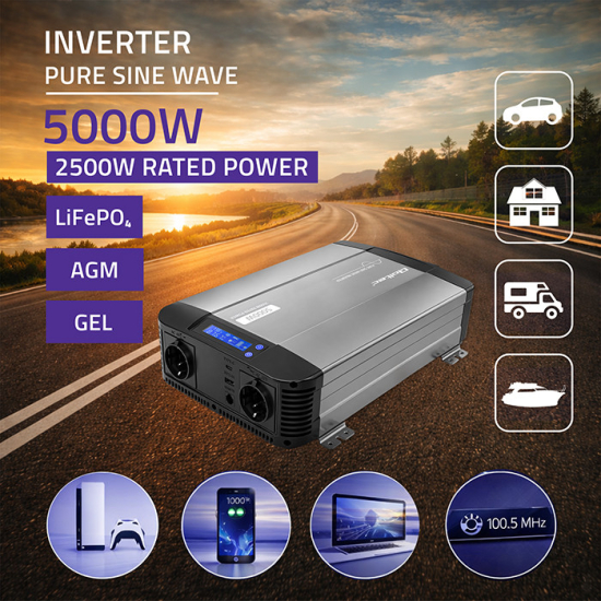 Przetwornica napięcia Pure Sine Wave 2500W / 5000W 12V na 230V LCD USB USB-C kompatybilna z LiFePO4 GEL AGM czysty sinus Qoltec 52692