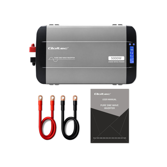 Przetwornica napięcia Pure Sine Wave 2500W / 5000W 12V na 230V LCD USB USB-C kompatybilna z LiFePO4 GEL AGM czysty sinus Qoltec 52692