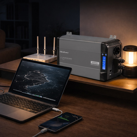 Przetwornica napięcia Pure Sine Wave 3000 / 6000W 12V na 230V LCD USB USB-C kompatybilna z LiFePO4 GEL AGM czysty sinus Qoltec 52693