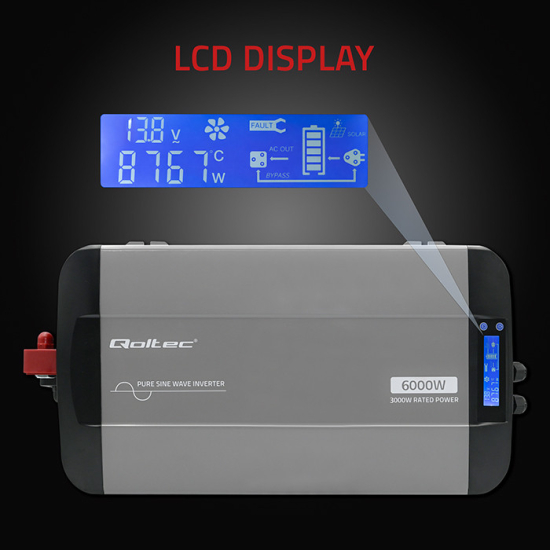 Przetwornica napięcia Pure Sine Wave 3000 / 6000W 12V na 230V LCD USB USB-C kompatybilna z LiFePO4 GEL AGM czysty sinus Qoltec 52693