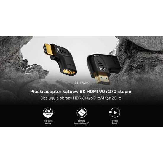 Adapter kątowy HDMI M -> HDMI Ż 8K płaski Unitek A1047ABK03