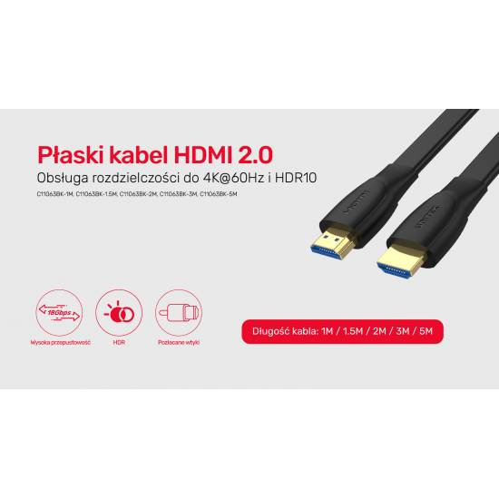 Kabel HDMI 2.0 4K 60Hz płaski 3m Unitek C11063BK-3M
