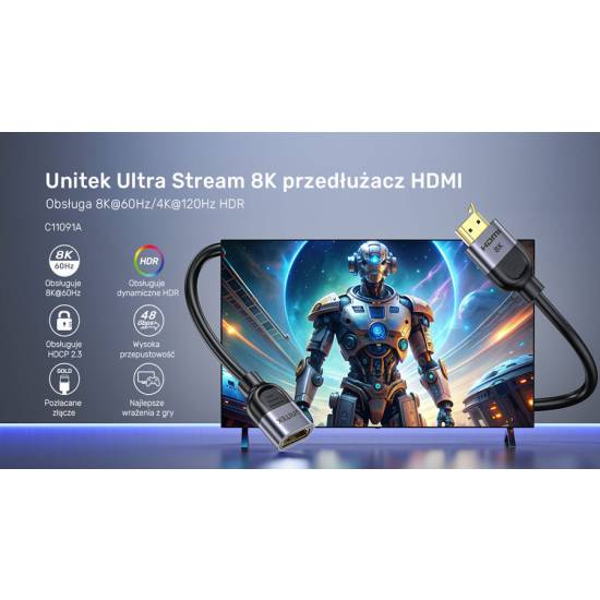 Kabel HDMI 2.1 8K M/Ż przedłużacz 1,0m Unitek C11091AGY01-1M