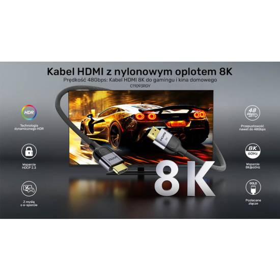 Kabel HDMI 2.1 M/M 8K LUX oplot 3,0m Unitek C11093RGY01-3M