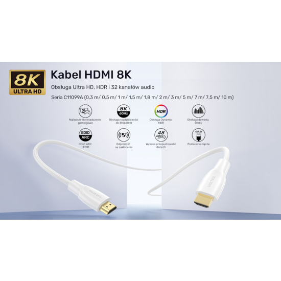 Kabel HDMI 2.1 8K M/M HDR 2m Unitek C11099AWH03-2M biały