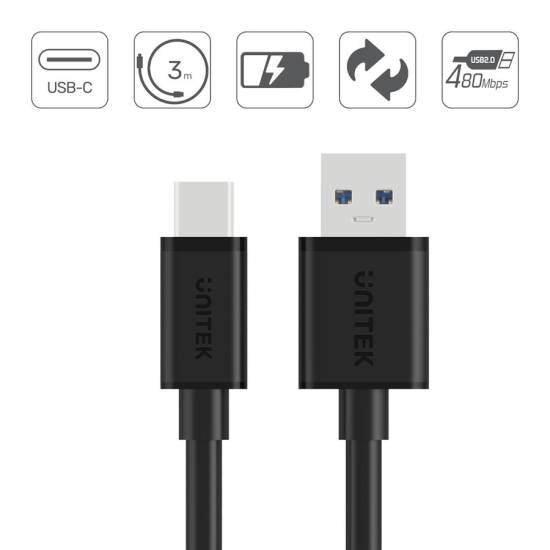 Kabel USB 2.0 A - USB C 3,0m Unitek C14069BK