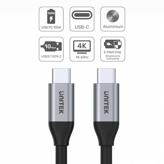 Kabel USB C - USB C PD 100W 4K 60Hz 10Gbps 1,0m Unitek C14082ABK czarny