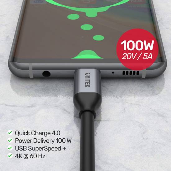 Kabel USB C - USB C PD 100W 4K 60Hz 10Gbps 1,0m Unitek C14082ABK czarny