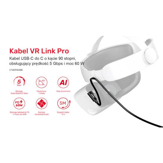 Kabel USB-C - USB-C VR Link Pro obsługuje 5Gps 60W Unitek C14094ABK01-5M