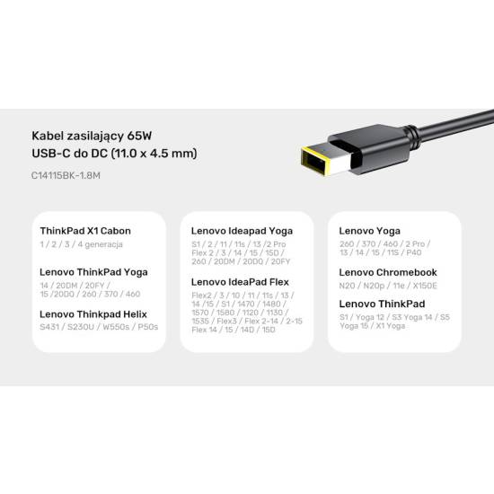 Kabel zasilający 65W Lenovo USB-C na 11x4.5 mm Yoga Unitek C14115BK-1.8M