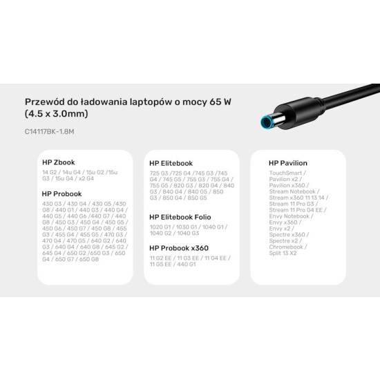 Kabel zasilający 65W HP USB-C na 4.5x3.0 mm Unitek C14117BK-1.8M