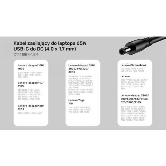 Kabel zasilający 65W Lenovo USB-C na 4.0x1.7 mm Unitek C14118BK-1.8M