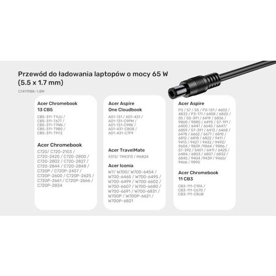Kabel zasilający 65W Acer USB-C na 5.5x1.7 mm Unitek C14119BK-1.8M