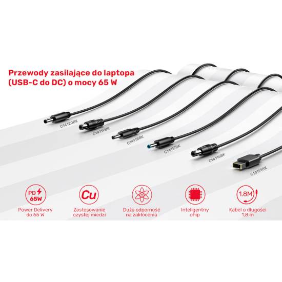 Kabel zasilający 65W Dell USB-C na 4.5x3.0 mm Unitek C14120BK-1.8M