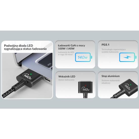 Kabel zasilający 140W USB-C na MagSafe 3 1,0m Unitek C14121BK-1M