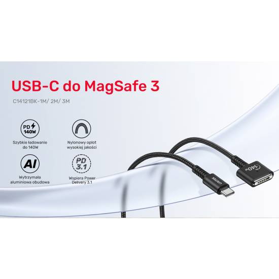 Kabel zasilający 140W USB-C na MagSafe 3 2,0m Unitek C14121BK-2M