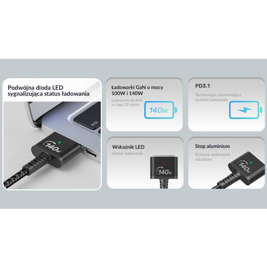 Kabel zasilający 140W USB-C na MagSafe 3 2,0m Unitek C14121BK-2M