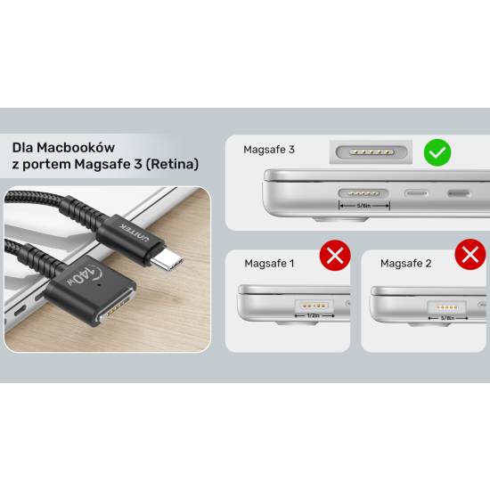 Kabel zasilający 140W USB-C na MagSafe 3 2,0m Unitek C14121BK-2M