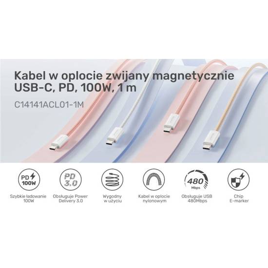Kabel USB-C -> USB-C PD 100W 1,0m zwijany magnetycznie Unitek C14141ACL01-1M beżowy