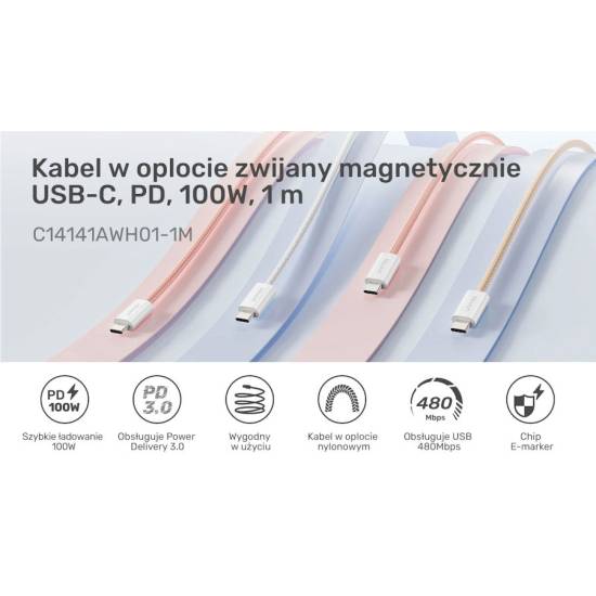 Kabel USB-C -> USB-C 100W 1,0m zwijany magnetycznie Unitek C14141AWH01-1M biały