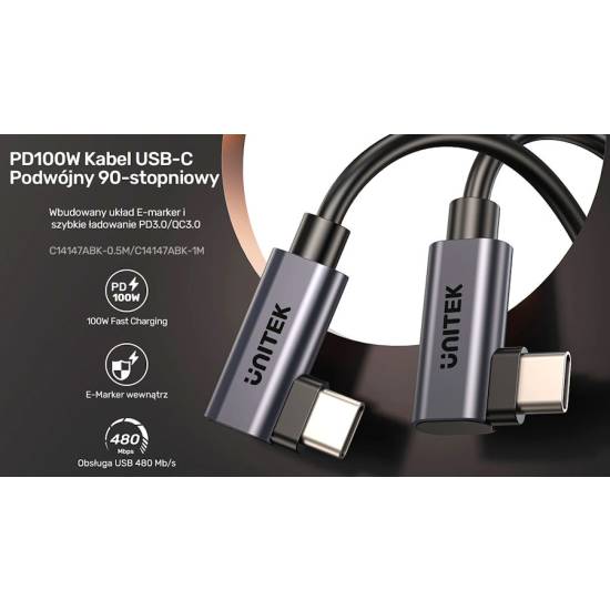 Kabel USB-C -> USB-C kątowy 0,5m PD 100W Unitek C14147ABK01-0.5M