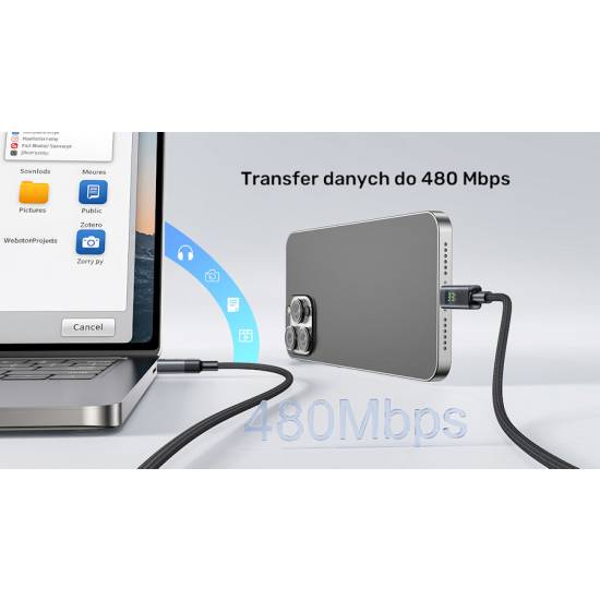 Kabel USB-C - USB-C PD 60W 480Mbps z wyświetlaczem 2,0m Unitek C14158ABK01-2M