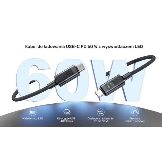 Kabel USB-C - USB-C PD 60W 480Mbps z wyświetlaczem 2,0m Unitek C14158ABK01-2M