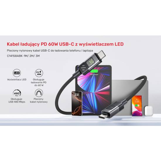 Kabel USB-C - USB-C PD 60W 480Mbps z wyświetlaczem 3,0m Unitek C14158ABK01-3M