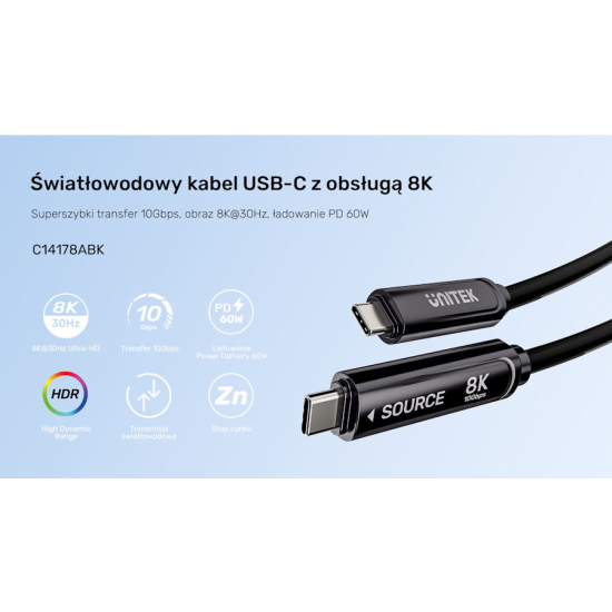 Kabel optyczny USB-C 8K@30Hz 10Gbps PD60W 12,0m Unitek C14178ABK01-12M