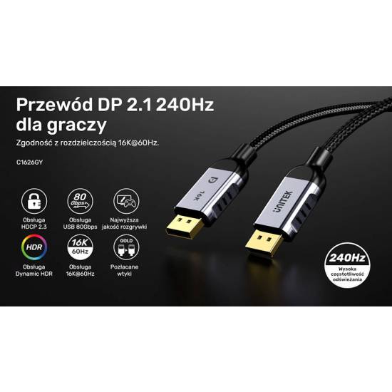 Kabel DisplayPort 2.1 8K@120Hz 2m Unitek C1626GY01-2M