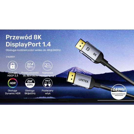 Kabel DisplayPort 1.4 M/M 8K@60Hz HDR DSC 1,5m Unitek C1628GY01-1.5M