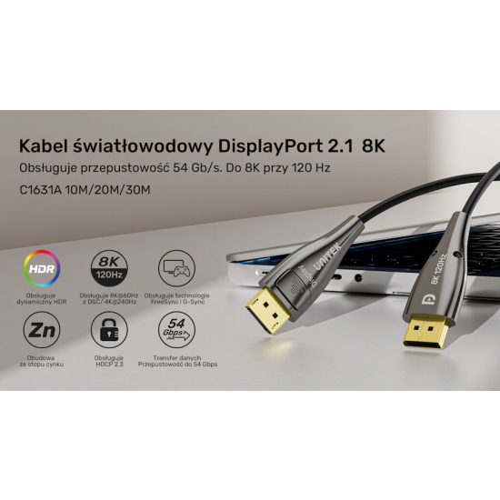 Kabel optyczny DisplayPort 2.1 M/M AOC 8K 10m Unitek C1631ABK01-10M