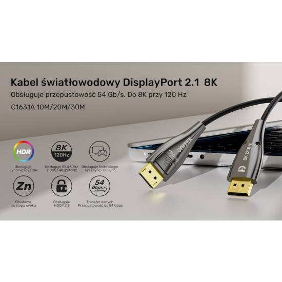 Kabel optyczny DisplayPort 2.1 M/M AOC 8K 10m Unitek C1631ABK01-20M