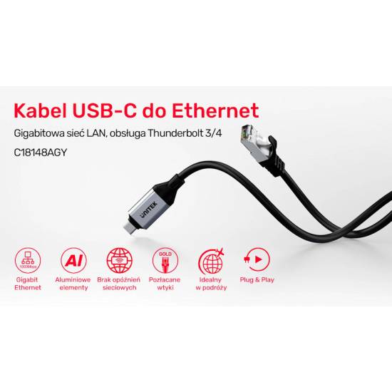 Adapter / karta sieciowa USB-C RJ45 1Gbps kabel 1m Unitek C18148AGY01-1M