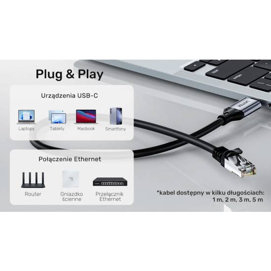 Adapter / karta sieciowa USB-C RJ45 1Gbps kabel 1m Unitek C18148AGY01-1M