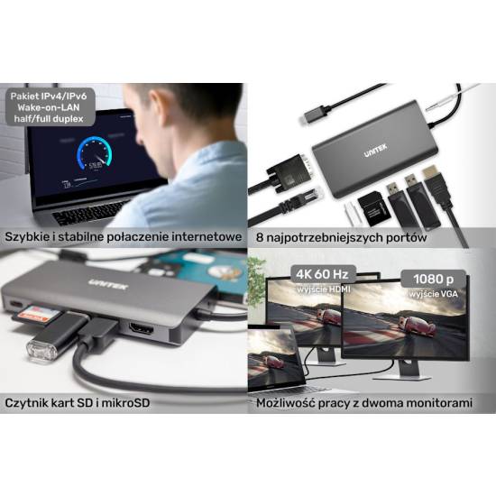 Hub USB-C -> USB 3.1 x2 HDMI RJ45 VGA SD/microSD PD audio Unitek D1019A