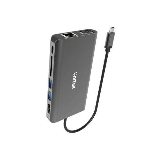 Hub USB-C -> USB 3.1 x2 HDMI RJ45 VGA SD/microSD PD audio Unitek D1019A