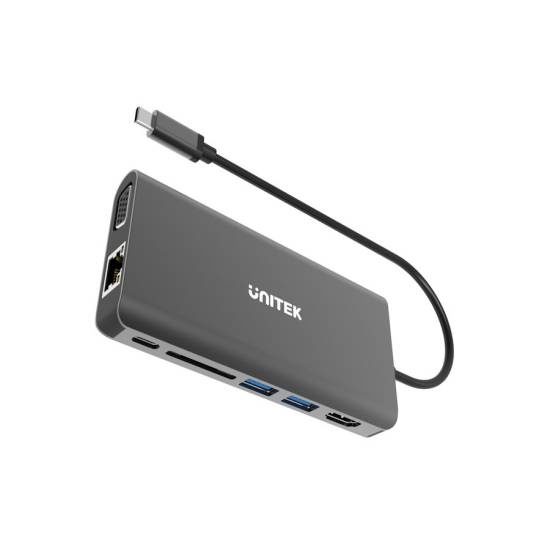 Hub USB-C -> USB 3.1 x2 HDMI RJ45 VGA SD/microSD PD audio Unitek D1019A