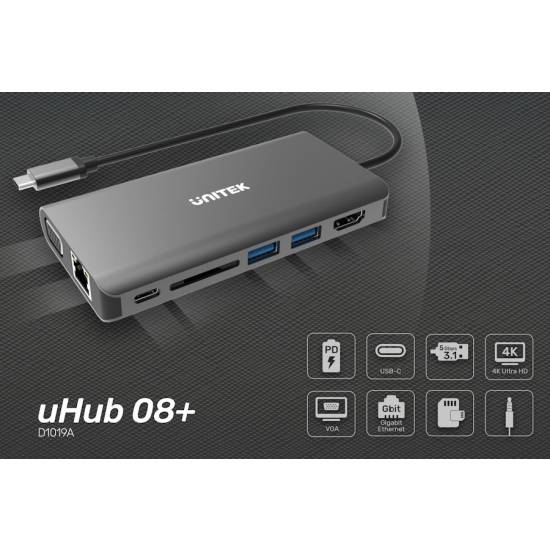 Hub USB-C -> USB 3.1 x2 HDMI RJ45 VGA SD/microSD PD audio Unitek D1019A