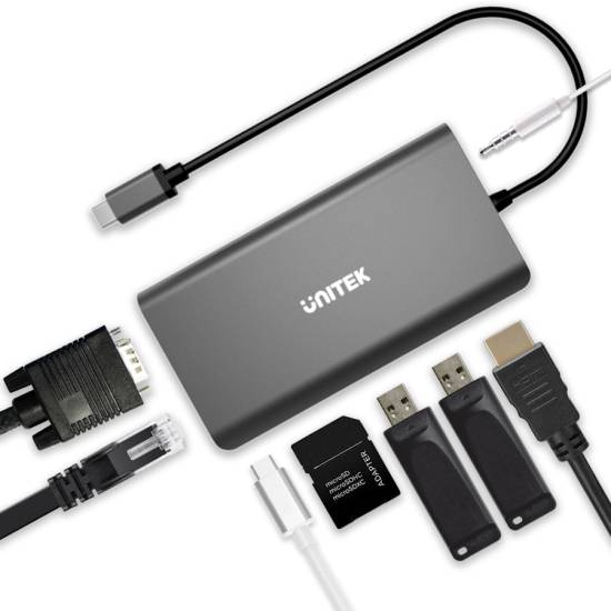 Hub USB-C -> USB 3.1 x2 HDMI RJ45 VGA SD/microSD PD audio Unitek D1019A