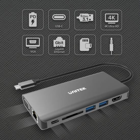 Hub USB-C -> USB x2 HDMI 4K VGA RJ45 PD czytnik SD audio Unitek D1019B