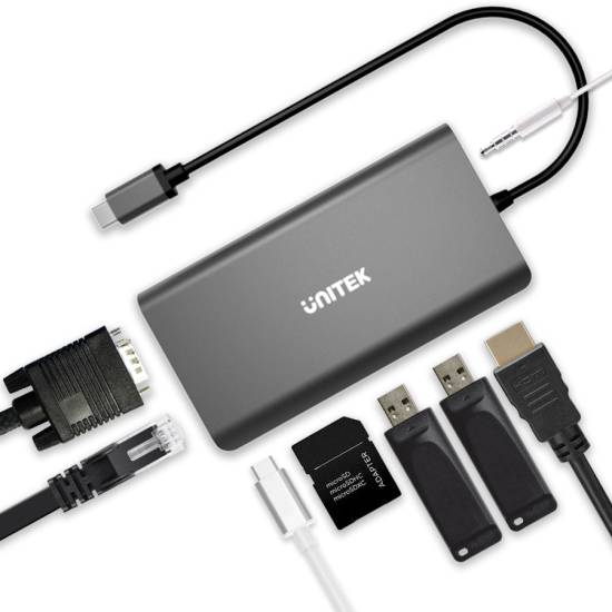 Hub USB-C -> USB x2 HDMI 4K VGA RJ45 PD czytnik SD audio Unitek D1019B