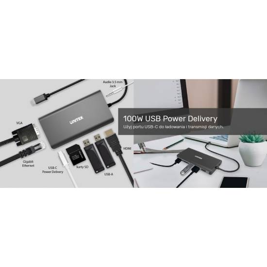 Hub USB-C -> USB x2 HDMI 4K VGA RJ45 PD czytnik SD audio Unitek D1019B