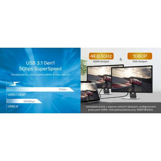 Hub USB-C -> USB x2 HDMI 4K VGA RJ45 PD czytnik SD audio Unitek D1019B